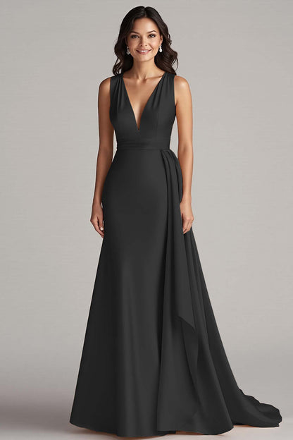 Champagne Satin V-Neck Mermaid Long Formal Dress