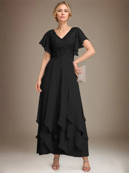A-line V-Neck Ankle-Length Lace Chiffon Mother of the Bride Dress With Cascading Ruffles