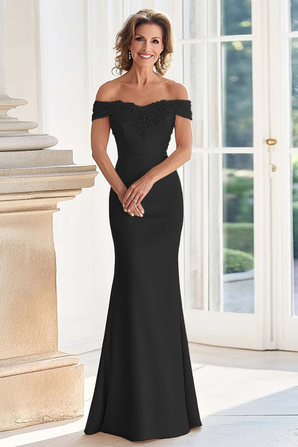 Champagne Off the Shoulder Sheath Mother of the Bride Dress with Appliques
