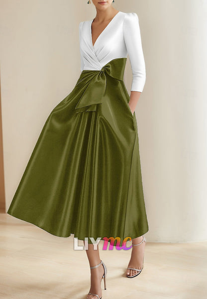 Black and White A-Line Cocktail Dresses Elegant Dress Formal Wedding Tea Length Midi Length Half Sleeve V Neck Pleats