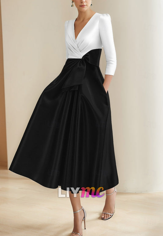 Black and White A-Line Cocktail Dresses Elegant Dress Formal Wedding Tea Length Midi Length Half Sleeve V Neck Pleats