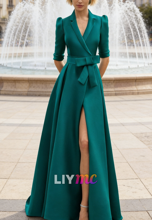 Blazer V-Neck Half Sleeves Side Slit A-Line Mother of Bride Dress