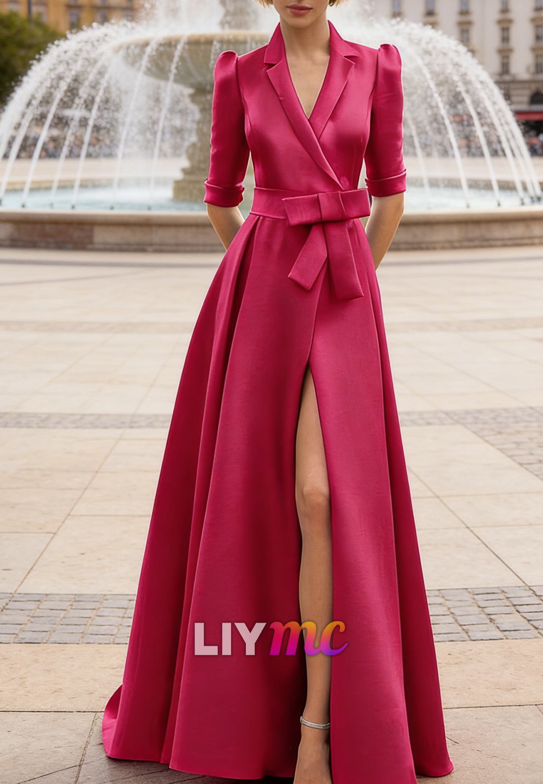 Blazer V-Neck Half Sleeves Side Slit A-Line Mother of Bride Dress