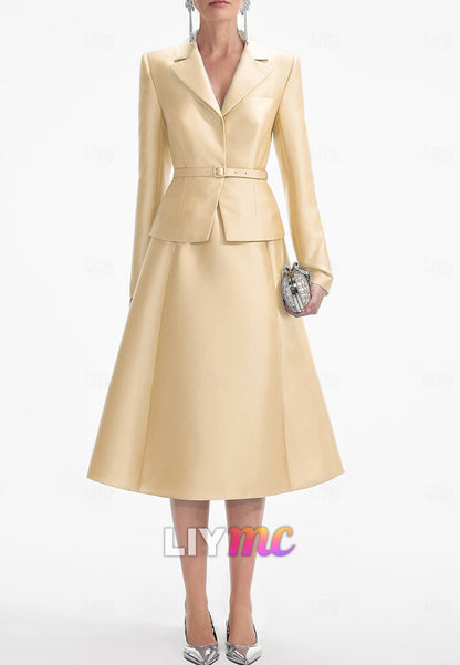 Blazer Long Sleeves Belt A-Line Midi Mother of Bride Dresss