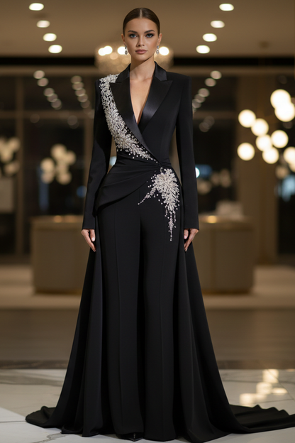 Blazer V-Neck Long Sleeves Beaded Jumpsuits