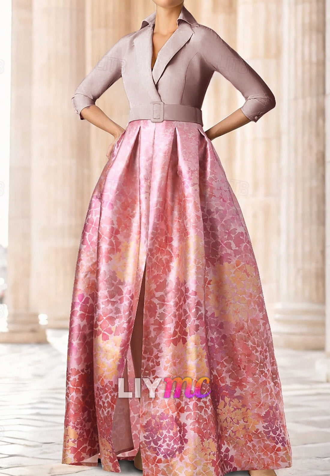 Blazer V-Neck Long Sleeves Floral Printed A-Line Mother of Bride Dress