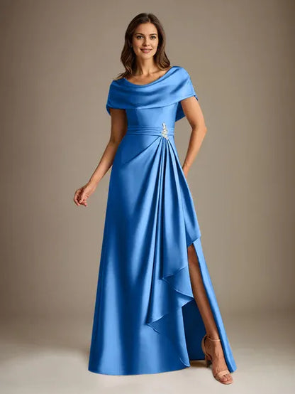 A-Line Scoop Floor-Length Stretch Satin Mother of the Bride Dress With Cascading Ruffles