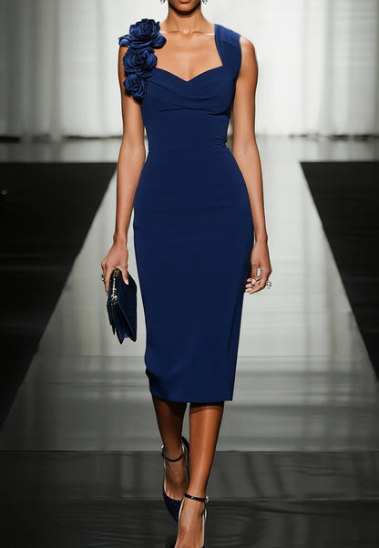 Blue 3D Floral Classic Cowl Neck Sleeveless Sheath Midi Dress