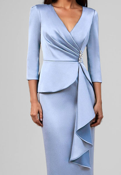 Blue Blazer Dress Work Wedding Guest Ruffle V-Neck Midi Dress