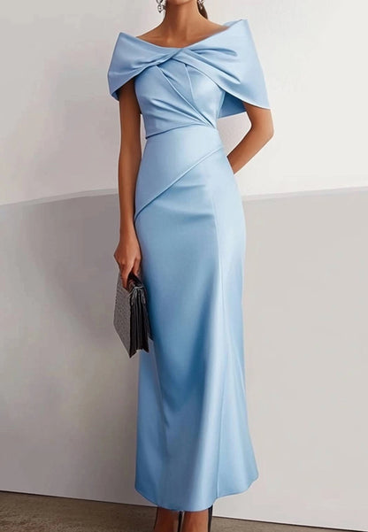 Blue Formal Party Dress Off Shoulder Evening Satin Evening Gown