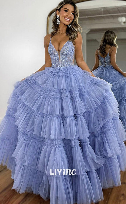 LP1906 - V Neck Lace Tulle Long Prom Dress, Long Graduation Dress