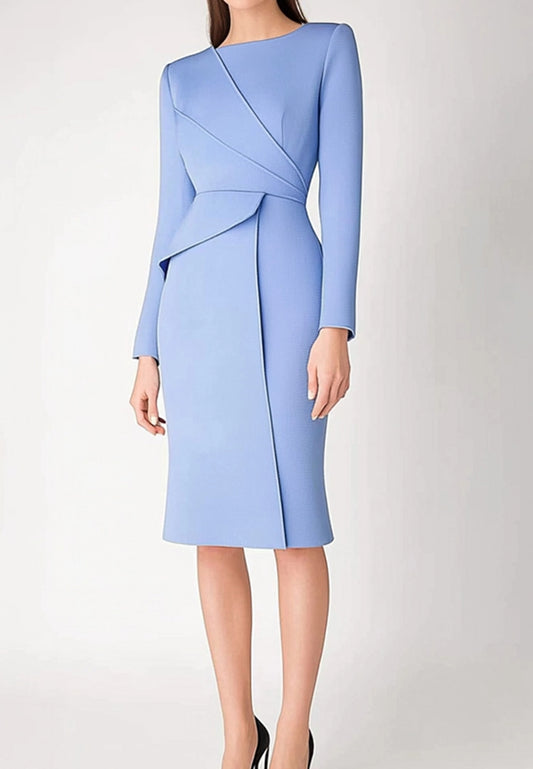 Blue Work Business Dress Long Sleeve Wedding Guest Midi Dress