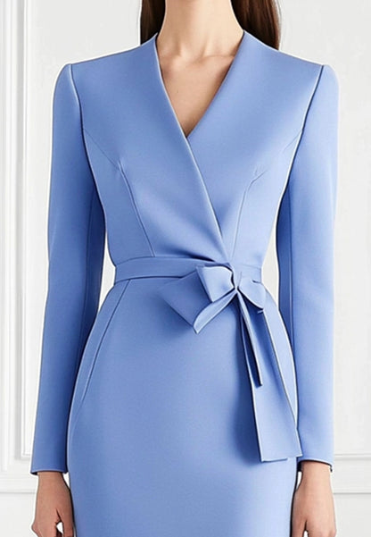 Blue Work Business Dress Long Sleeve Wedding Guest Midi Dress
