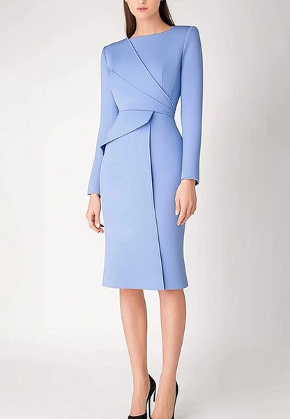 Blue Work Business Dress Long Sleeve Wedding Guest Midi Dress