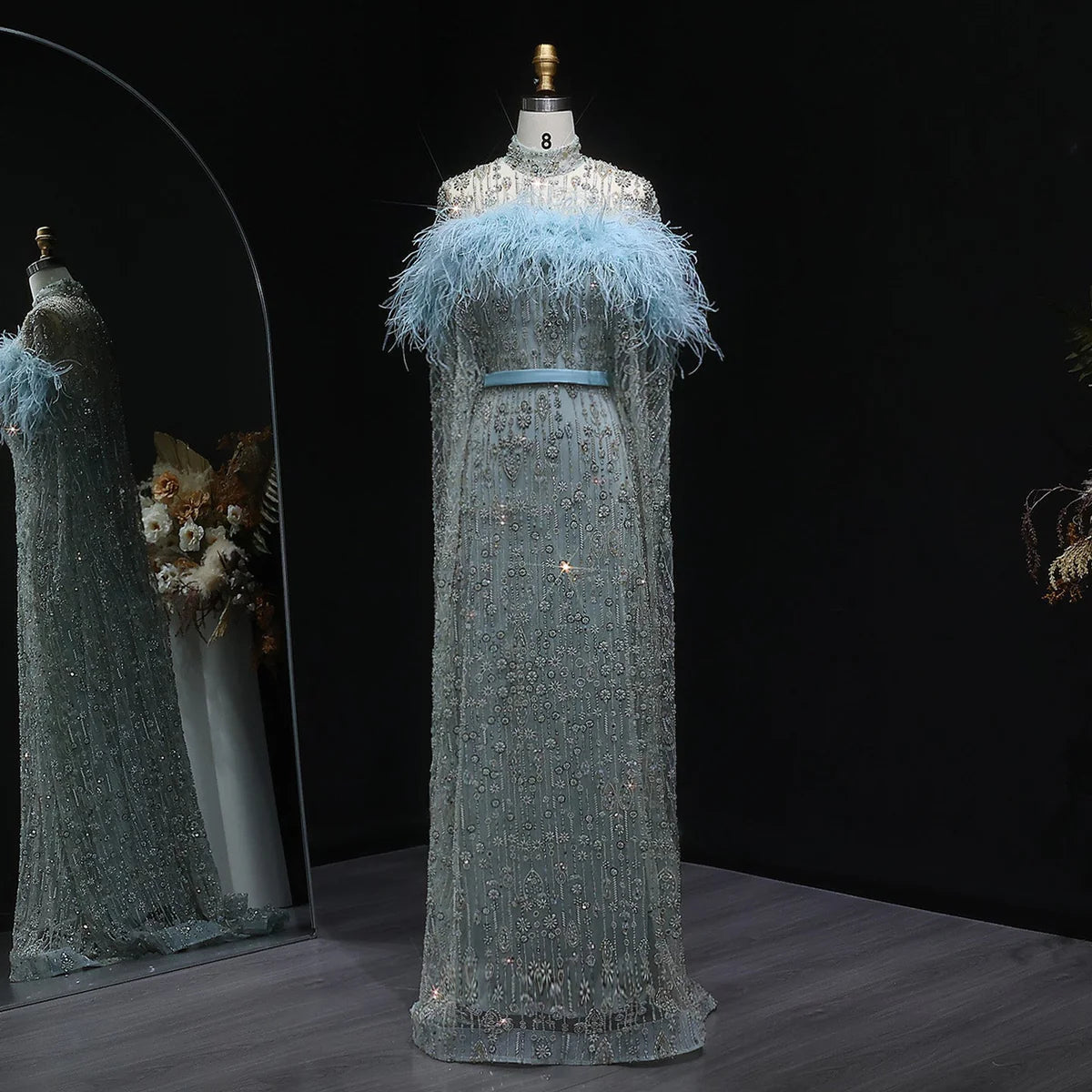 Elegant Dubai Style Blue Evening Dress with Beads and Feathers
