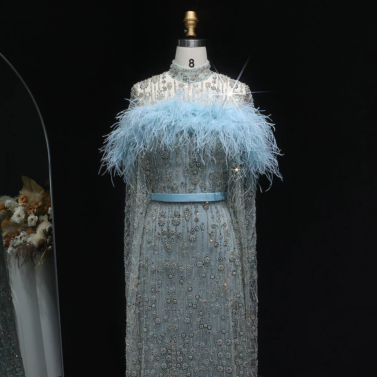 Elegant Dubai Style Blue Evening Dress with Beads and Feathers