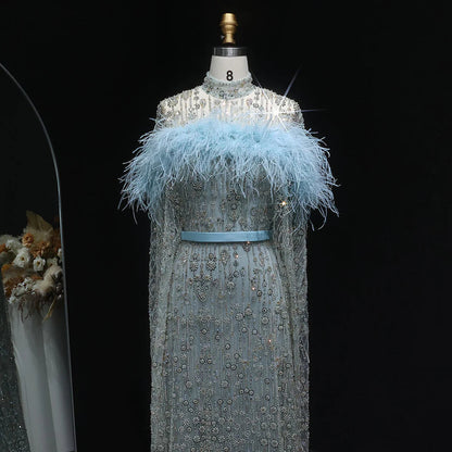 Elegant Dubai Style Blue Evening Dress with Beads and Feathers