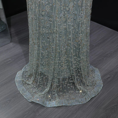 Elegant Dubai Style Blue Evening Dress with Beads and Feathers