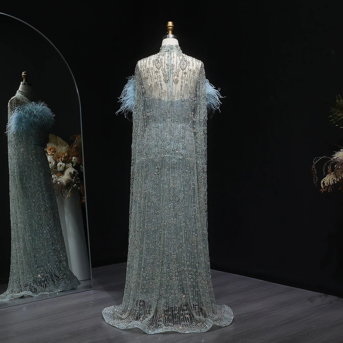 Elegant Dubai Style Blue Evening Dress with Beads and Feathers