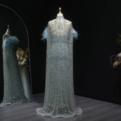 Elegant Dubai Style Blue Evening Dress with Beads and Feathers