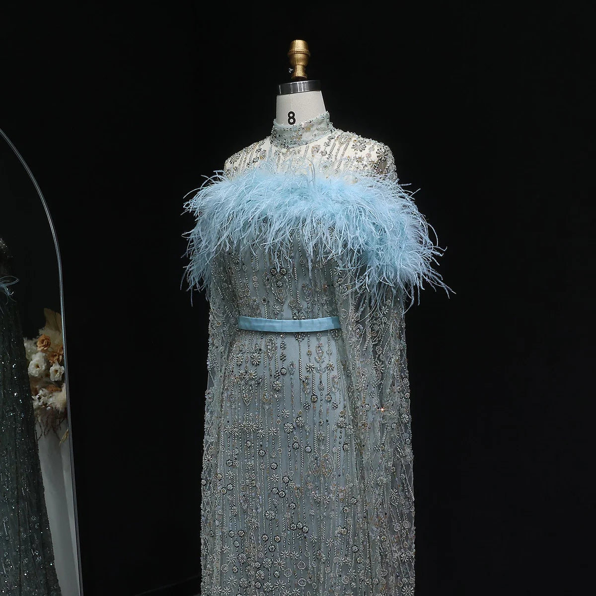 Elegant Dubai Style Blue Evening Dress with Beads and Feathers