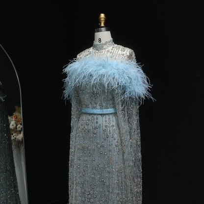 Elegant Dubai Style Blue Evening Dress with Beads and Feathers