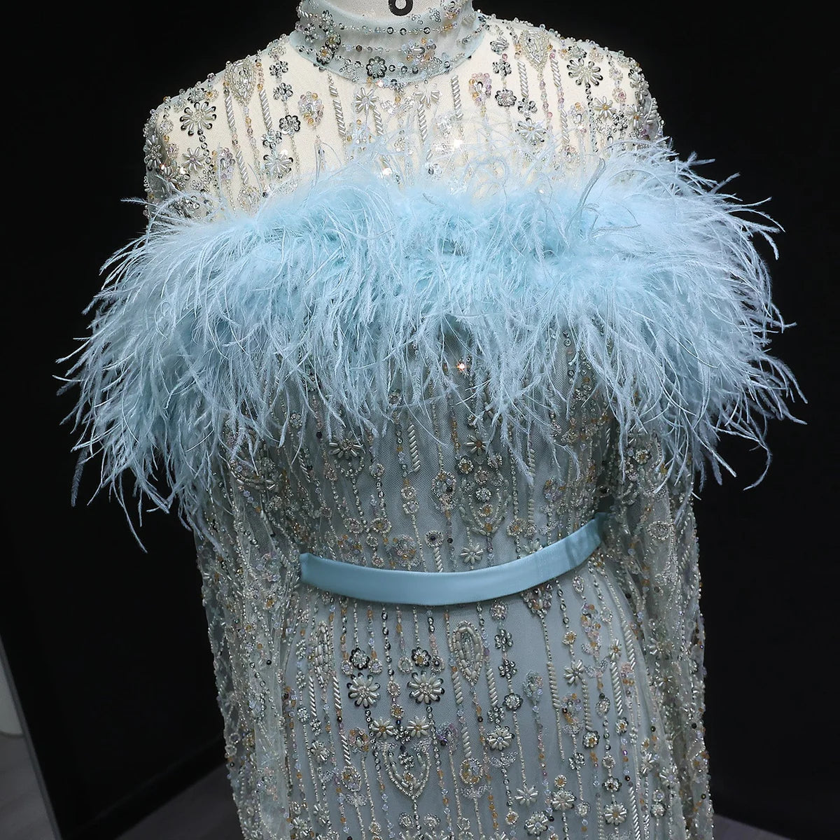 Elegant Dubai Style Blue Evening Dress with Beads and Feathers