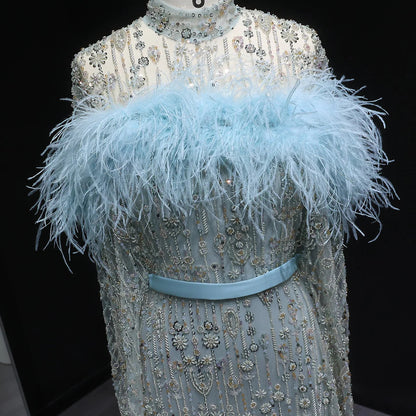 Elegant Dubai Style Blue Evening Dress with Beads and Feathers