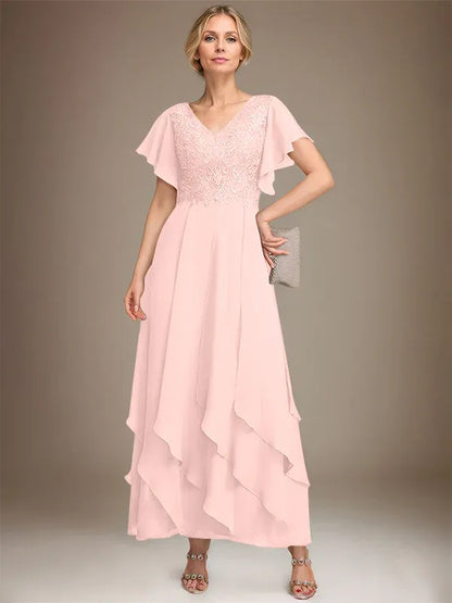 A-line V-Neck Ankle-Length Lace Chiffon Mother of the Bride Dress With Cascading Ruffles