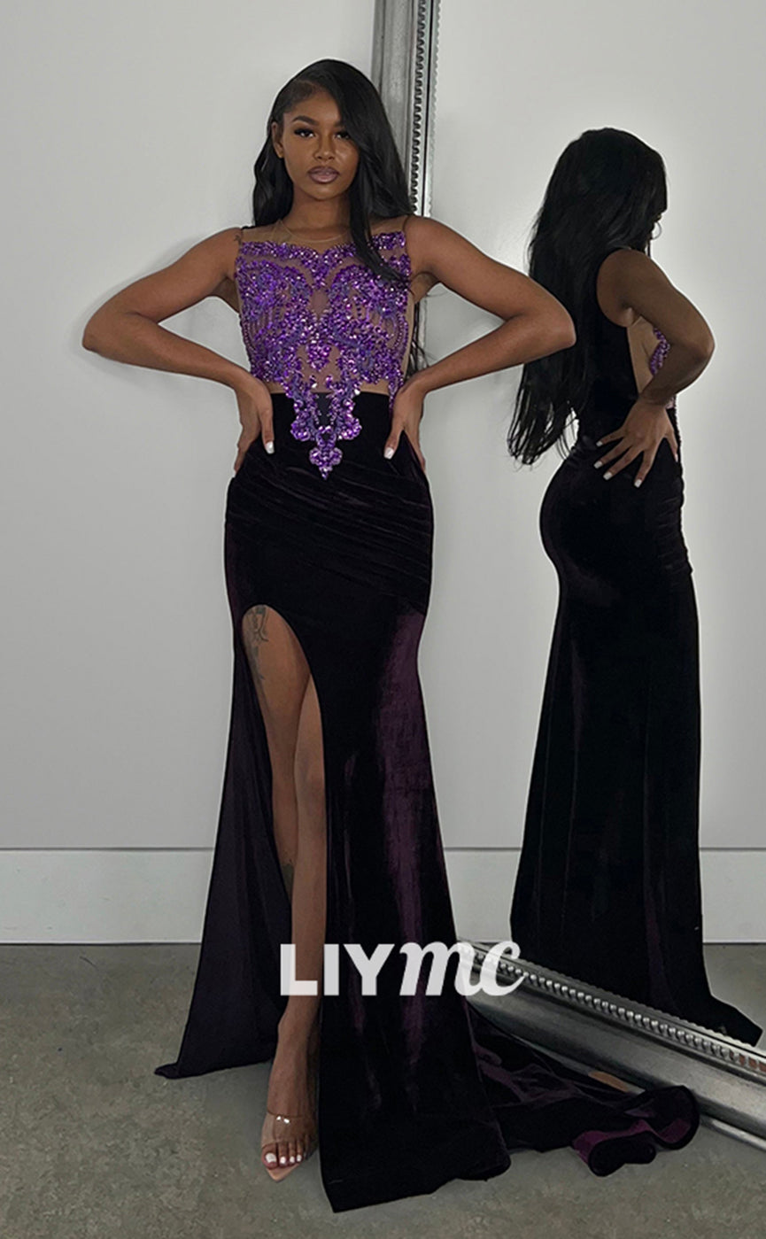 LP1274 - Boat Neck Appliques High Slit Sexy Prom Dresses for Black Girls Classy