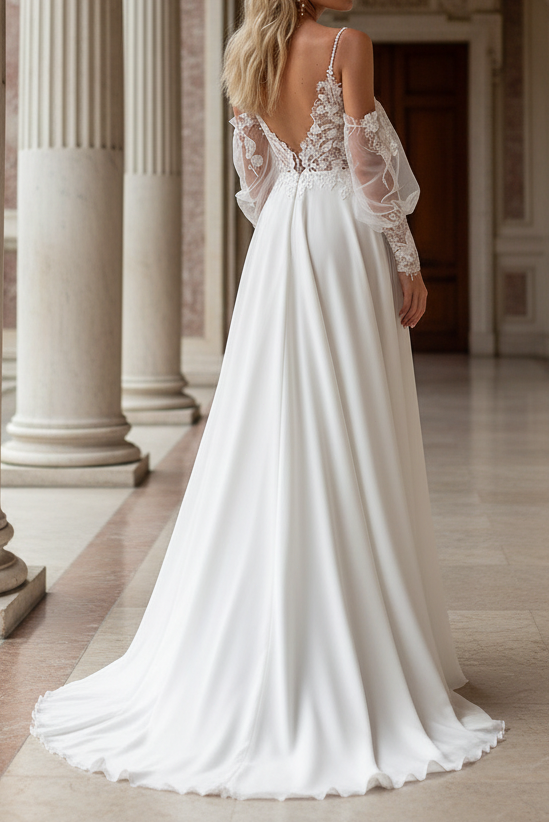 Boho Lace A-Line Wedding Dress with Side Slit and Long Sheer Sleeves