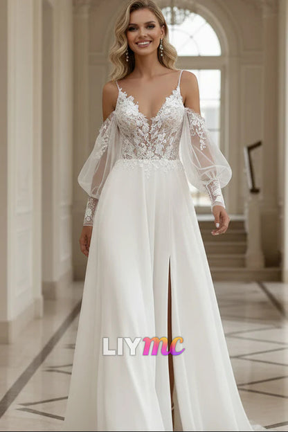 Boho Lace A-Line Wedding Dress with Side Slit and Long Sheer Sleeves