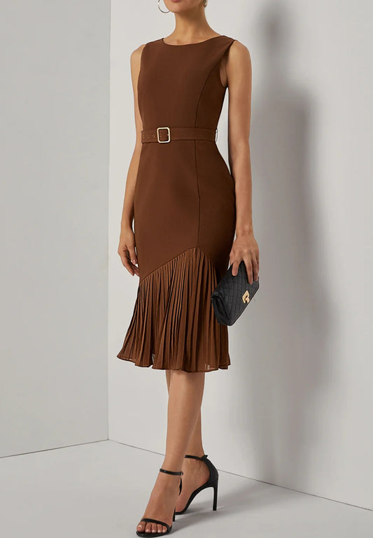 Brown Pleated Slit Classic Boat Neck Sleeveless Mermaid Midi Dress