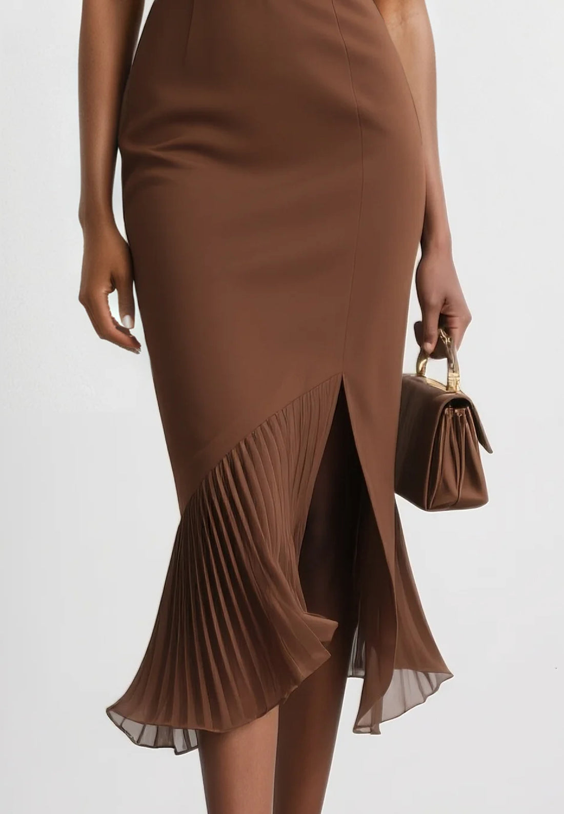 Brown Pleated Slit Classic Boat Neck Sleeveless Mermaid Midi Dress