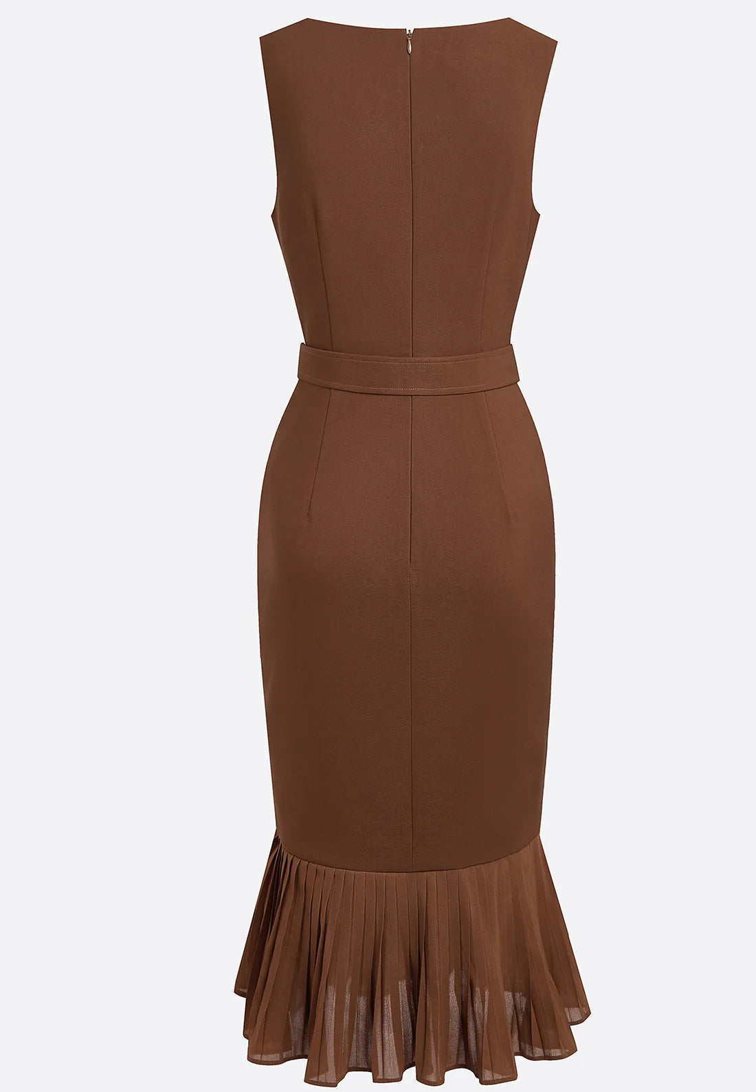 Brown Pleated Slit Classic Boat Neck Sleeveless Mermaid Midi Dress