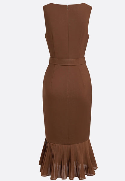 Brown Pleated Slit Classic Boat Neck Sleeveless Mermaid Midi Dress