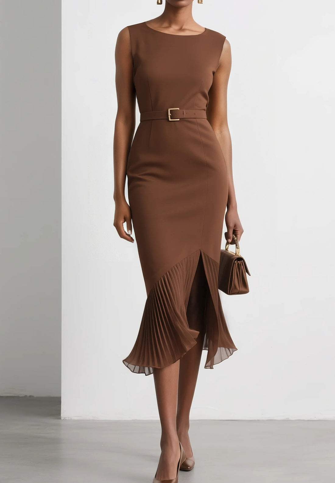 Brown Pleated Slit Classic Boat Neck Sleeveless Mermaid Midi Dress