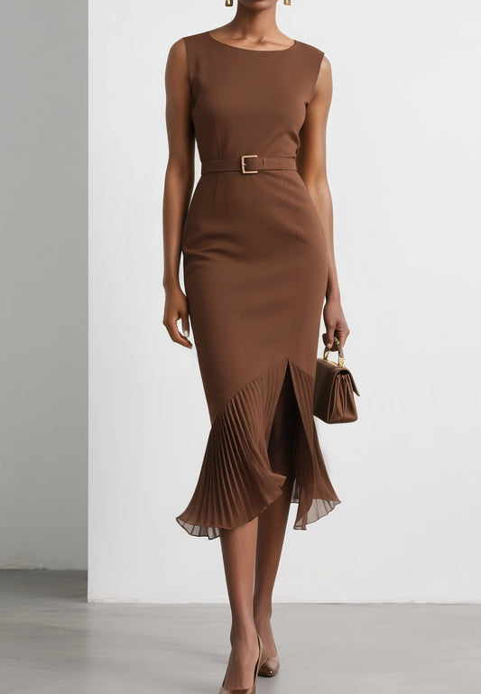 Brown Pleated Slit Classic Boat Neck Sleeveless Mermaid Midi Dress