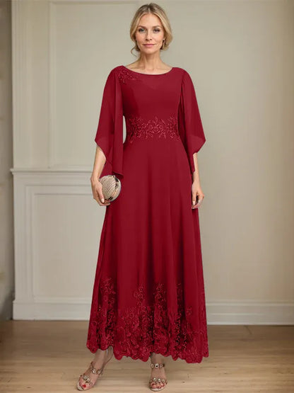 A-line Scoop Illusion Ankle-Length Lace Chiffon Mother of the Bride Dress With Sequins
