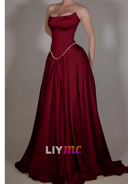 Burgundy Strapless Long Prom Dresses Peal Beaded Two Pieces Party Formal Gown