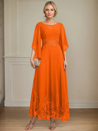 A-line Scoop Illusion Ankle-Length Lace Chiffon Mother of the Bride Dress With Sequins