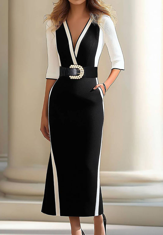 Business Commuting Hip Dress Belt Half-Sleeve Color Midi Dress