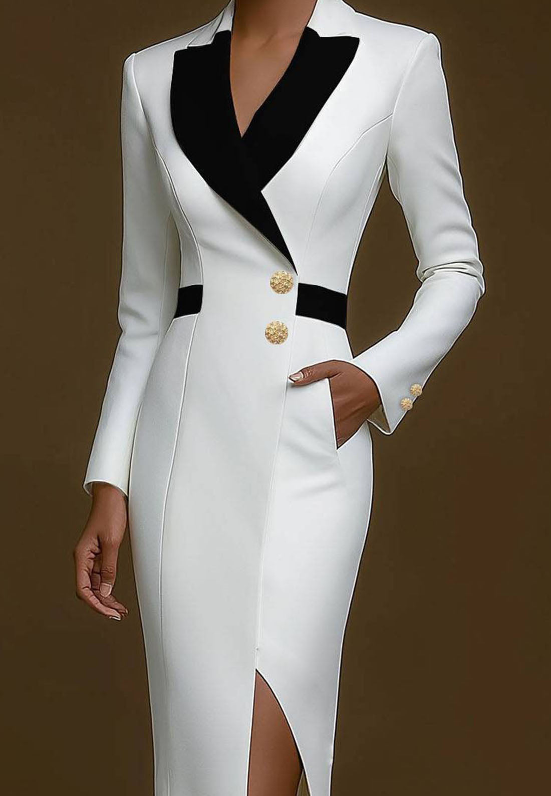Business Work Suit Dress Color Block Long Sleeves Midi Dress
