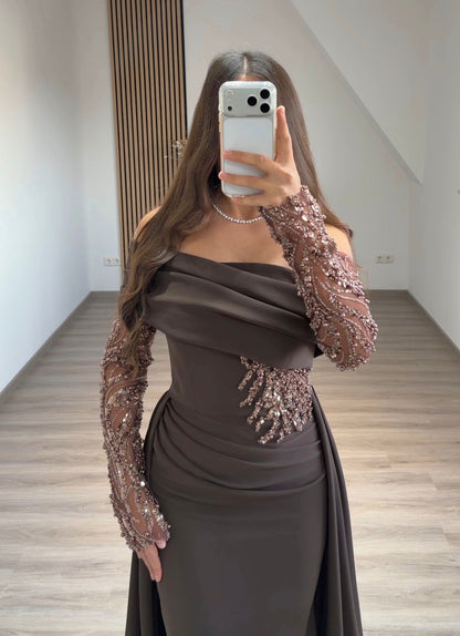 Asymmetrical Long Sleeves Sequins Mermaid Formal Dress