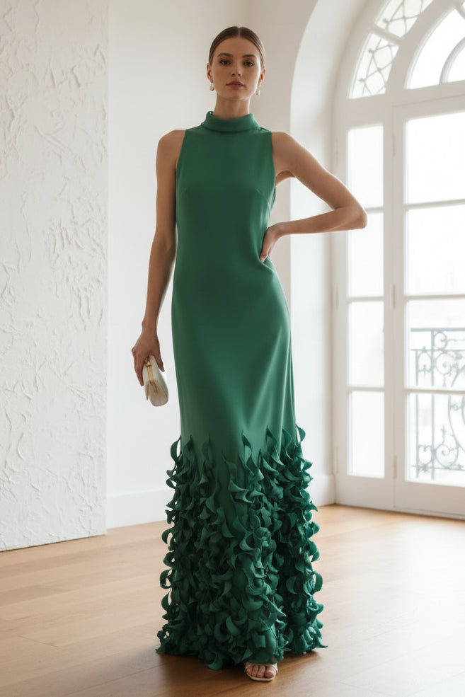 High Neck Neck Dress with Spiral Hem
