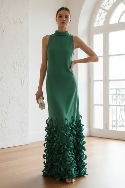 High Neck Neck Dress with Spiral Hem