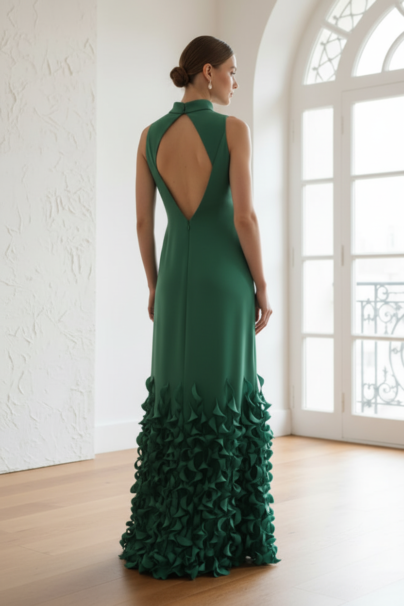 High Neck Neck Dress with Spiral Hem