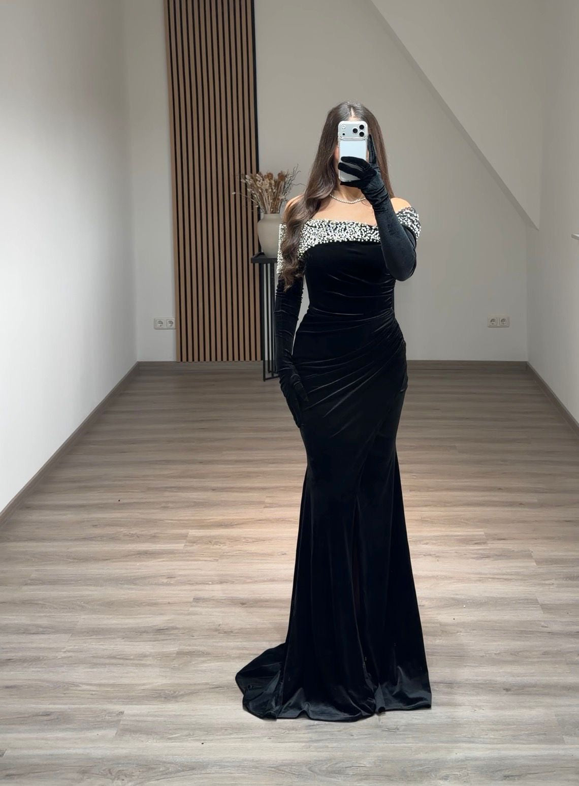 Asymmetrical Long Sleeves Beaded Mermaid Black Evening Dress