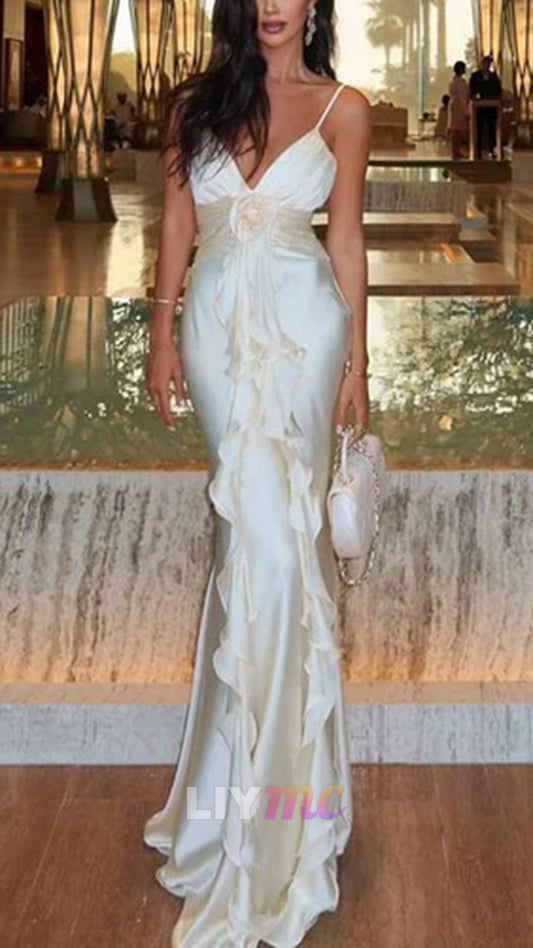 Elegant Spaghetti Straps V Neck Party Dress,Mermaid Ruffle Prom Evening Dress