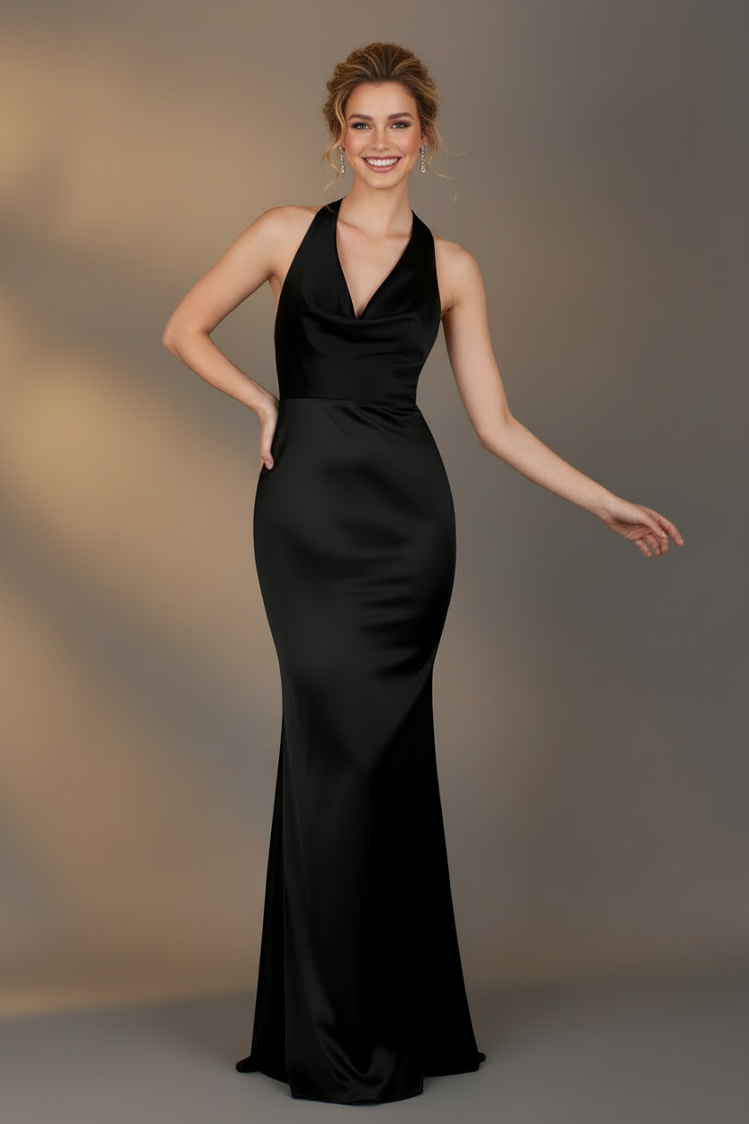 Satin Cowl Plunge Halter neck fitted silhouette Mermaid Prom Dresss